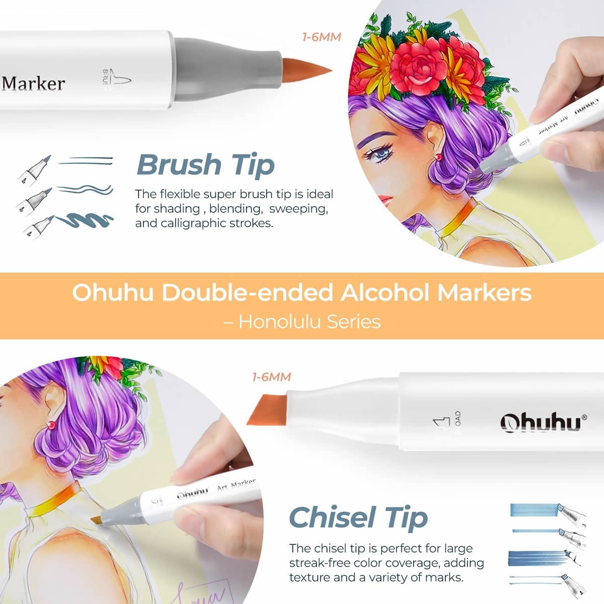 OHUHU Honolulu B Alcohol Art Markers Σετ 320 Χρωμάτων Brush & Fine